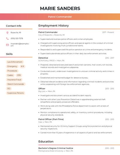 Patrol Commander Resume