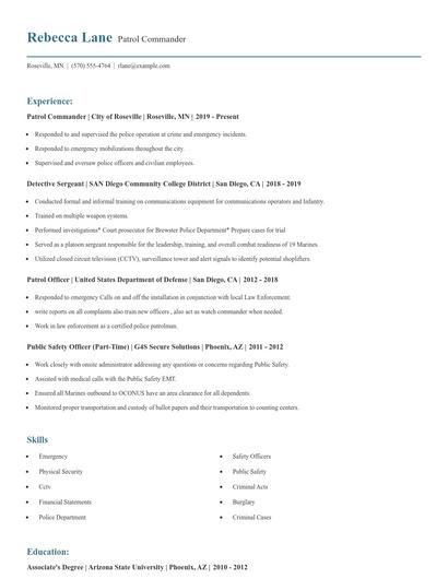 Patrol Commander Resume