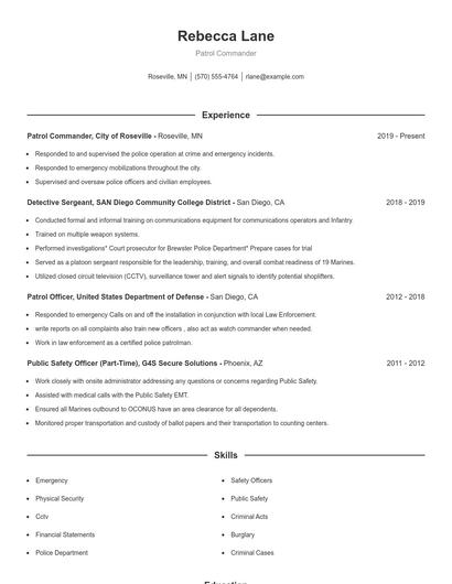 Patrol Commander Resume