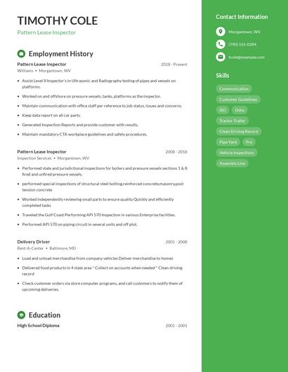 Pattern Lease Inspector Resume