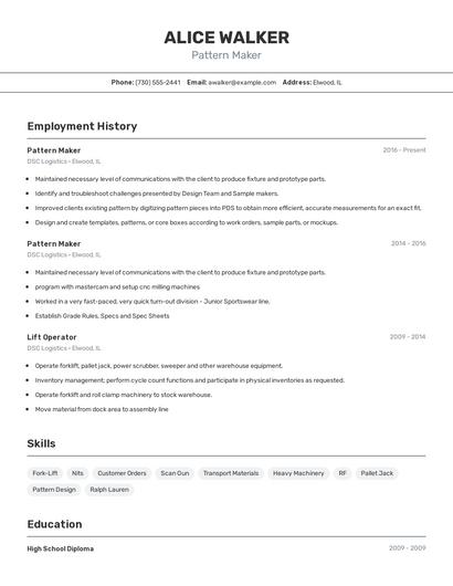 Pattern Maker Resume