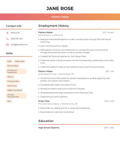 Pattern Maker Resume