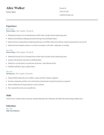Pattern Maker Resume