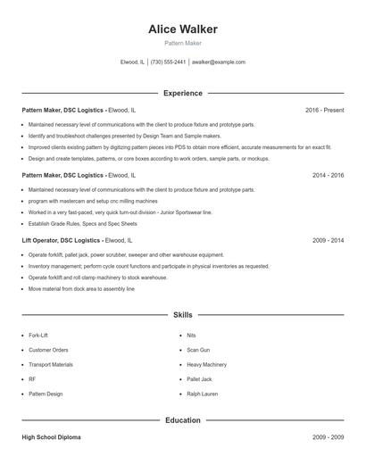 Pattern Maker Resume