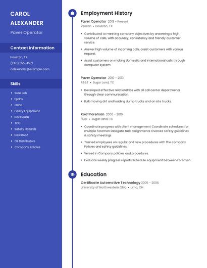 Paver Operator Resume