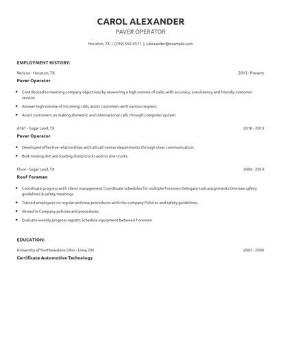Paver Operator Resume