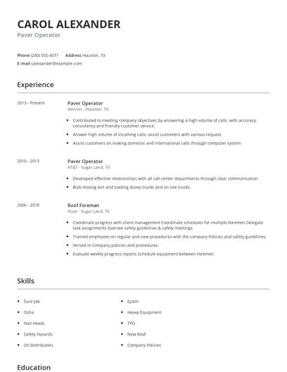 Paver Operator Resume