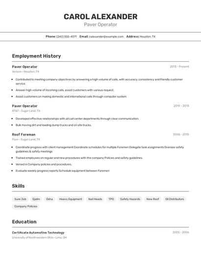 Paver Operator Resume