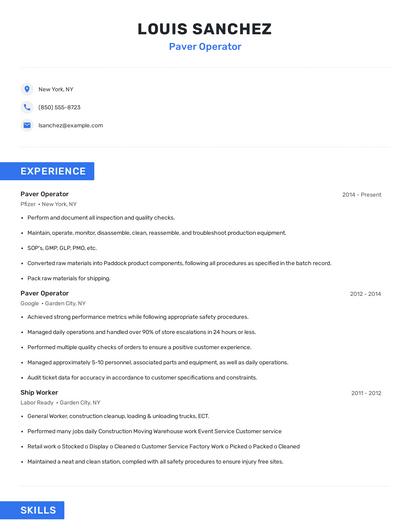 Paver Operator Resume