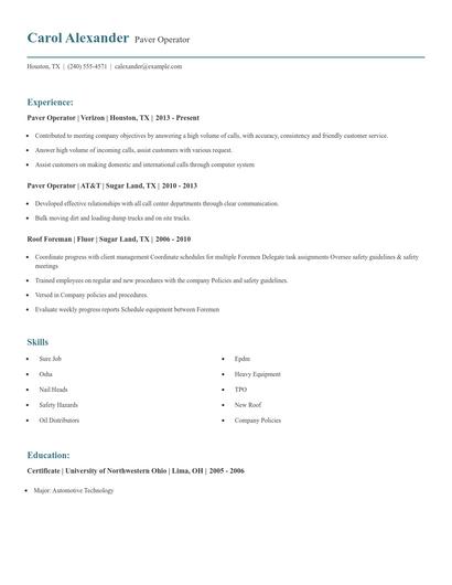 Paver Operator Resume