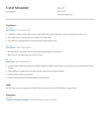Paver Operator Resume