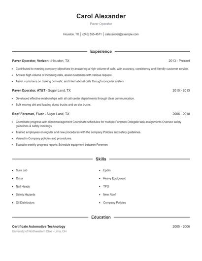 Paver Operator Resume