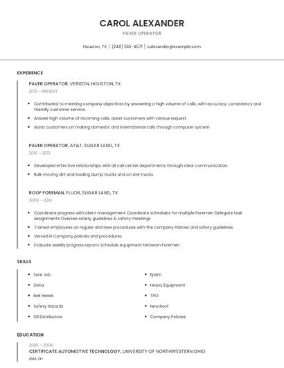 Paver Operator Resume