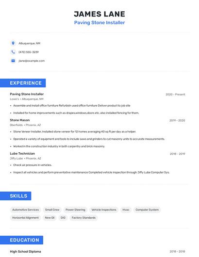 Paving Stone Installer Resume