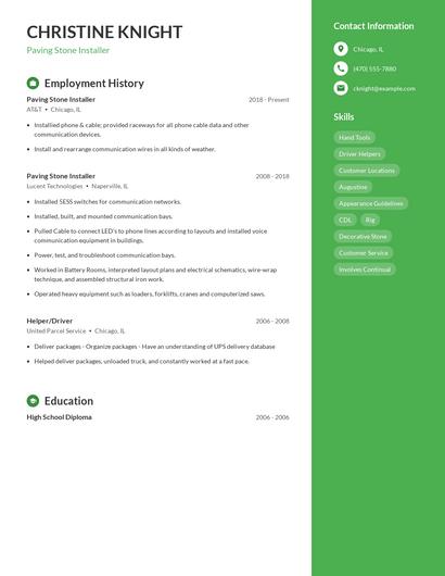 Paving Stone Installer Resume