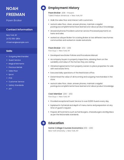 Pawn Broker Resume