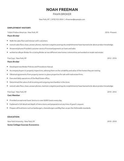 Pawn Broker Resume