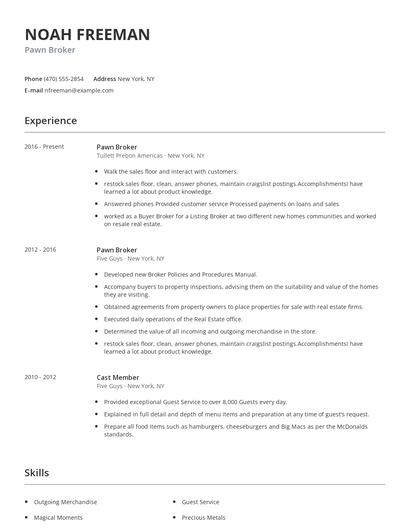 Pawn Broker Resume