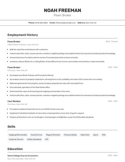 Pawn Broker Resume