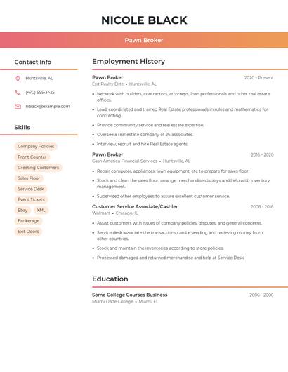 Pawn Broker Resume