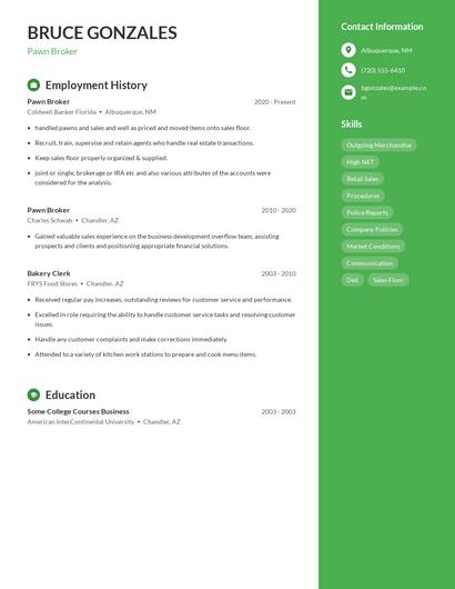 Pawn Broker Resume
