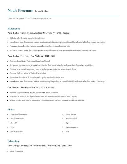 Pawn Broker Resume