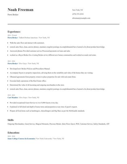 Pawn Broker Resume