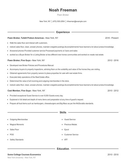Pawn Broker Resume