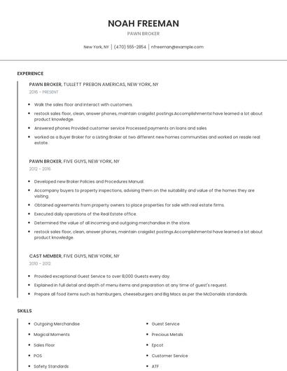 Pawn Broker Resume