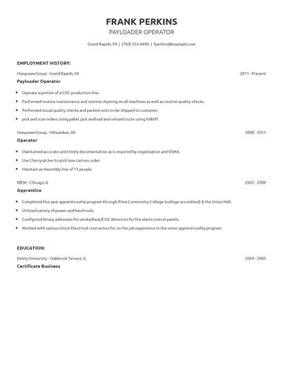 Payloader Operator Resume