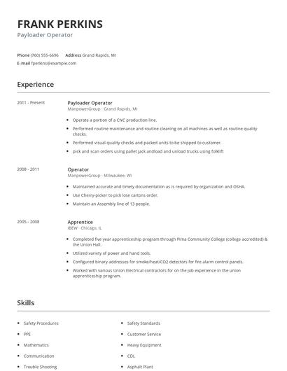 Payloader Operator Resume