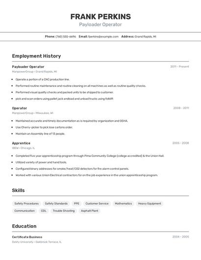 Payloader Operator Resume