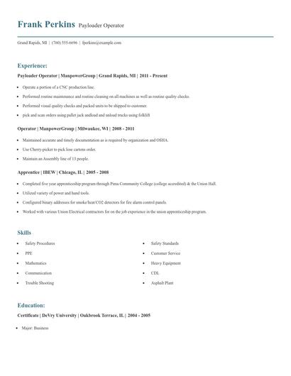 Payloader Operator Resume