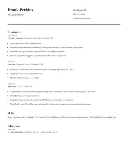 Payloader Operator Resume