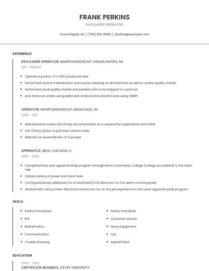 Payloader Operator Resume