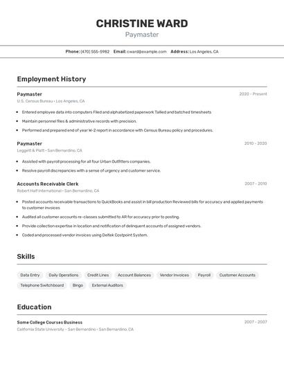 Paymaster Resume