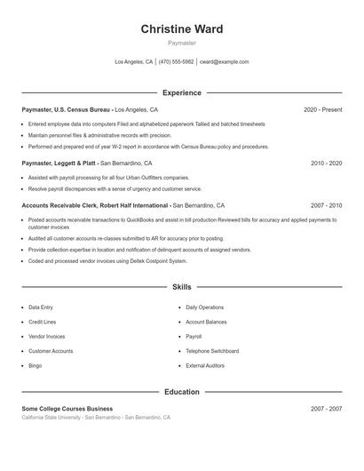 Paymaster Resume