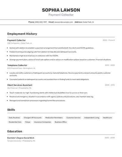 Payment Collector Resume