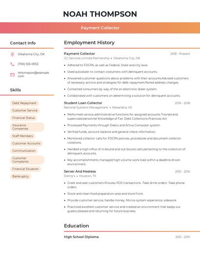 Payment Collector Resume