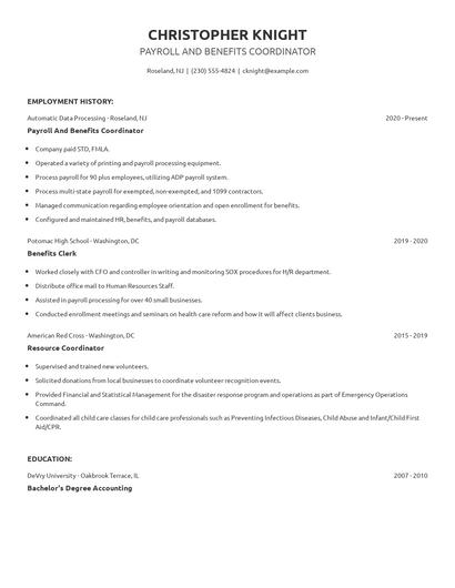 Payroll And Benefits Coordinator Resume