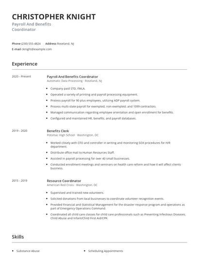 Payroll And Benefits Coordinator Resume