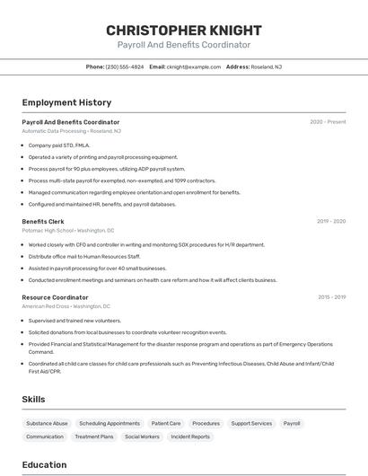 Payroll And Benefits Coordinator Resume
