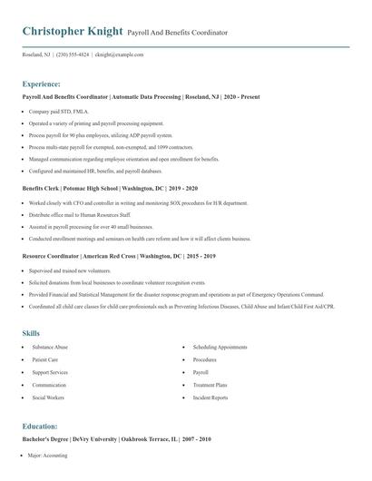 Payroll And Benefits Coordinator Resume
