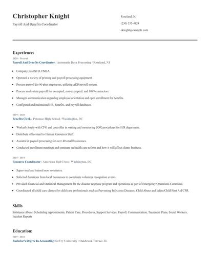 Payroll And Benefits Coordinator Resume