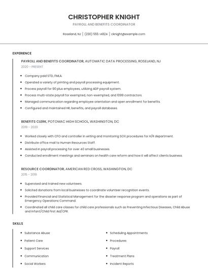 Payroll And Benefits Coordinator Resume