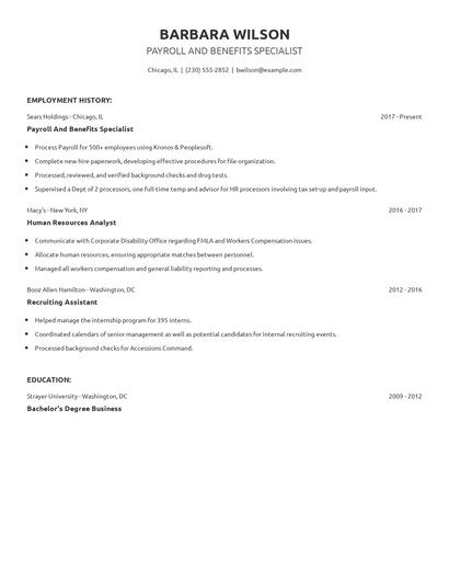 Payroll And Benefits Specialist Resume