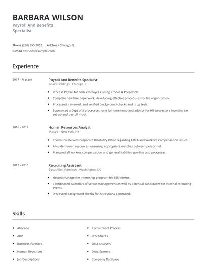 Payroll And Benefits Specialist Resume