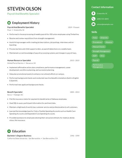 Payroll And Benefits Specialist Resume