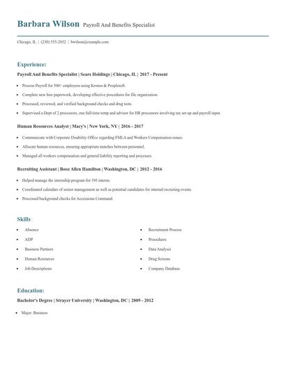 Payroll And Benefits Specialist Resume