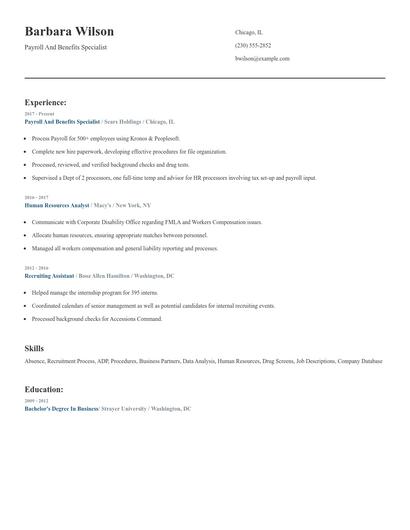 Payroll And Benefits Specialist Resume